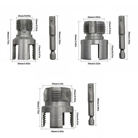 Heavy Duty 4-in-1 Water Pipe Threader Kit, metal dies and fittings for PVC and steel plumbing repair with size measurements.