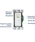 Smart PIR Occupancy Sensor Switch No Brainer 0-10V Neutral Required for 120-277VAC Homes with labeled features.