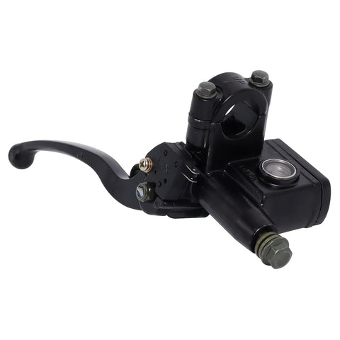 Universal Left Hydraulic Brake Master Cylinder For Seven Eighths Inch Handlebars On Moto ATV Pit Bike Dirt Bike GY6 Engine 50cc To 250cc With Durable Alloy Lever, close-up view showing alloy lever and mount.