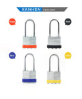 Four laminated steel padlocks with long shackle in orange, black, blue, and yellow base. Six Pack Laminated Steel Keyed Padlocks With Long Shackle For Hasps Latches Sheds Fences Storage Lockers Schools And Gyms Use The Same Key For Easy Access.