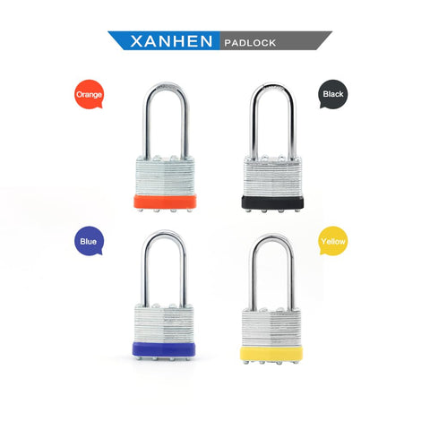 Four laminated steel padlocks with long shackle in orange, black, blue, and yellow base. Six Pack Laminated Steel Keyed Padlocks With Long Shackle For Hasps Latches Sheds Fences Storage Lockers Schools And Gyms Use The Same Key For Easy Access.