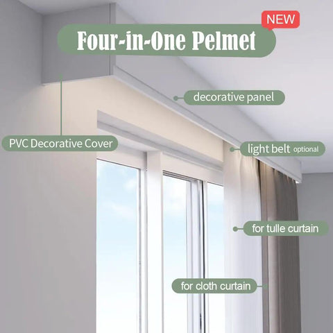 Four in One Curtain Track System With Pelmet And Optional Light Belt, Custom Length For Living Room Bedroom And Kitchen, aluminum rails