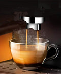Professional Grade Semi Automatic Espresso Maker Featuring A Built In Conical Burr Grinder And High Pressure Steam Wand creating rich espresso pouring into a glass cup.