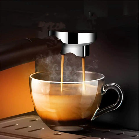 Professional Grade Semi Automatic Espresso Maker Featuring A Built In Conical Burr Grinder And High Pressure Steam Wand creating rich espresso pouring into a glass cup.