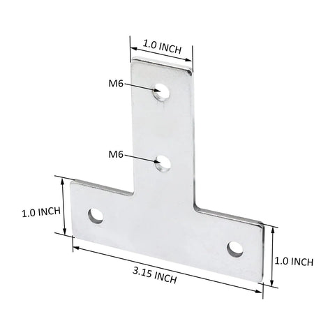 T-slot corner bracket for 1010 aluminum extrusion, showing dimensions and M6 hole placements, part of 10 Piece Set 1 Inch By 1 Inch.