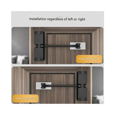 Image of Beefy Stainless Steel Hydraulic Door Closer With Adjustable Speed For Left Or Right Swing Doors, installed on wooden frames.
