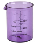Purple beaker from 4 Piece Chemistry Beaker Shot Glass Set For Parties And Science Nerds, lab-style glass with measurement marks