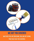 Stacked rolls of painter's tape, a paintbrush, and two paint rollers. Premium Microfiber 18 Inch Paint Roller Covers Refill Bulk Pack 12 3/8 Nap For All Surfaces Easy Cleanup, Smooth Even Finish, Perfect For Walls, Trim, Cabinets, And DIY Home Projects