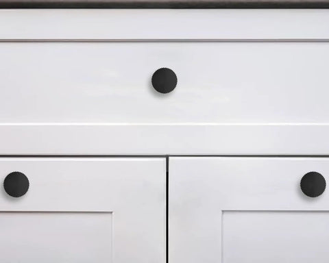 Matte Black Cabinet Knob Set Five Pack For Kitchen Drawers And Furniture Doors Corrosion Resistant Zinc Coated Hardware installed