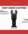 20 Piece Titanium Enhanced Bi Metal Oscillating Multi Tool Blade Kit For Soft Metal And Multi Material Projects Includes Pro Grade 1-3/4 Inch Soft Metal Blade, 1-1/8 Inch Soft Metal Blade, Two 1-3/8 Inch Multi Material Blades, 2-1/2 Inch Blade on fast wood cutting displayed with Open-Lok design.