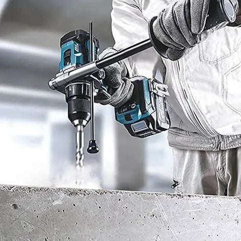 Heavy Cordless 40V Max XGT Brushless Combi Drill Featuring Fast Dual Speed Settings Smooth Variable Trigger in use drilling concrete.