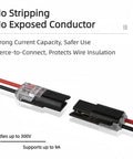 Close-up of electrical quick-connectors demonstrating no stripping or exposed conductor. Wire insulation is protected, supporting up to 300V.
