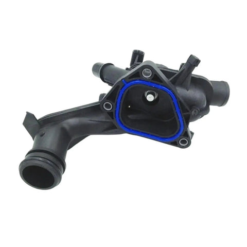 Direct Fit Coolant Thermostat Housing Assembly Replacement Fits Peugeot 2008 And 207 Engine Cooling Systems, black plastic with blue gasket.