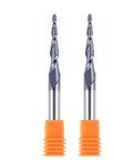 Pro Grade Solid Carbide CNC Router Bits For Woodworking Two Flute Tapered Ball Nose Milling Cutters DLC Coated Two Piece Set with orange caps.