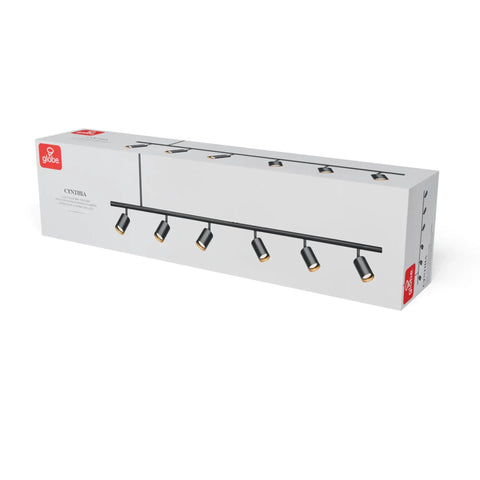 Globe Electric 64000123 55" 6-Light Adjustable Height Track Light, Matte Black, product packaging with pivoting heads shown.