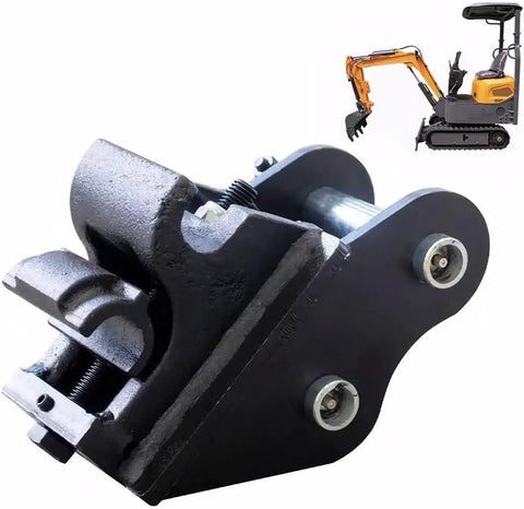 Tough As Nails Quick Hitch For Mini Excavators 0.8 To 1.5 Ton With 90mm Span And 25mm Hole Diameter shown near excavator