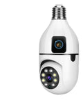 Dead Legit 8MP Dual Lens Wifi Ip Security Camera With E27 Bulb Mount, showing sleek white design, LED lights and dual lens.