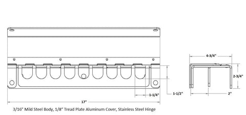 Heavy Duty 17 Inch Cab Rack With Lockable Chain Caddy And Load Binder Holder For Truck Bulkheads dimension drawing.