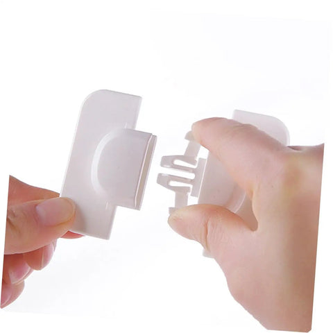 Hands showing the mechanism of Six Pack Easy Install Kid Safe Locks For Cabinets Drawers And Refrigerators White Durable Latches For Home Use.