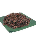 Drawstring 9x9 Tarp For Leaves And Outdoor Use With Cinch Bag, green tarp holding a large pile of leaves on it, easy cleanup.