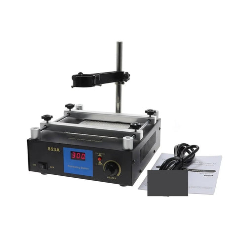 ESD Safe 853A BGA Rework Station with Digital IR Preheat, temperature control and airflow, includes cables and manual