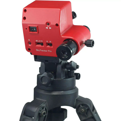 SkyTracker Pro Camera Mount With Polar Scope For Astrophotography, Automatic RA Tracking, 6.6 Lb Payload, red device on tripod