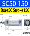 Beefy Heavy Duty Double Acting Aluminum Pneumatic Air Cylinder 2 Inch Bore, 6 Inch Stroke for Industrial Automation, SC50X150 diagram