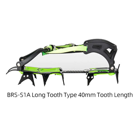 Side view of Fourteen Teeth Ice Crampons for Winter Boots With Grippy Steel Cleats showing green strap and long spikes