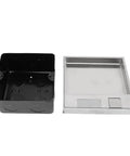 Rugged Recessed Floor Electrical Outlet Kit With Slick Sealing Loop Keeps Water And Dust Out Of Your 2 Prong 6 Holes Receptacle For Hassle Free Kitchen Or Office Install In A Top Shelf Silver Finish, showing black and silver outlet boxes.