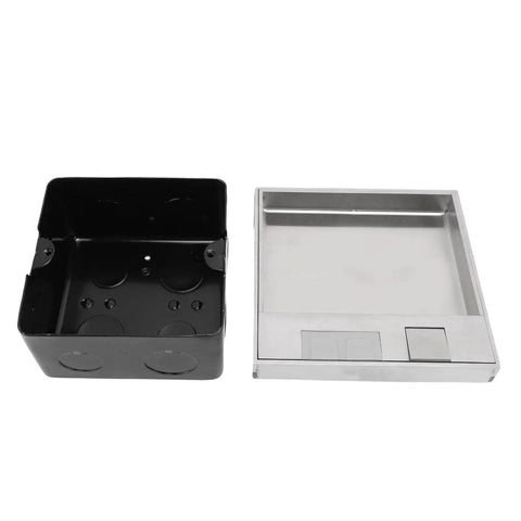 Slick Recessed Floor Power Outlet Kit With No Sweat Drop Down Cover And Sleek Silver Finish parts, stainless steel and black material.