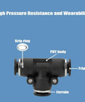 Push To Connect Pneumatic Union Tee Fittings Half Inch Tube OD Quick Connectors PBT Housing POM Release Parts Labeled