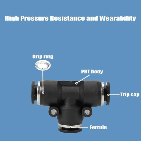 Push To Connect Pneumatic Union Tee Fittings Half Inch Tube OD Quick Connectors PBT Housing POM Release Parts Labeled