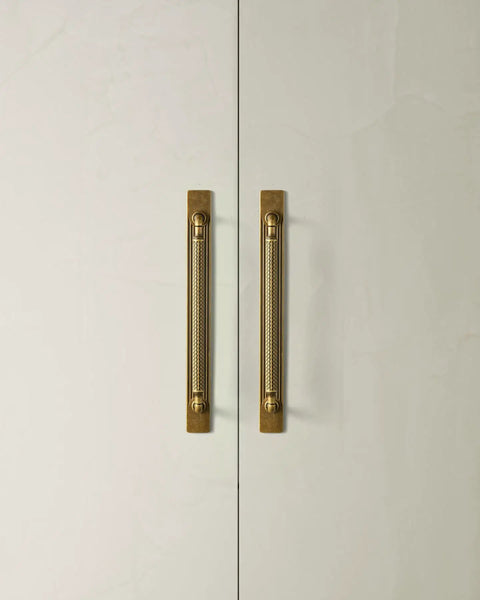 Antique Brass Cabinet Pulls With Backplates, Solid Zinc Alloy Kitchen Drawer Hardware, Crest Wave Plate Style on white cabinet doors