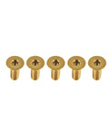 Top Shelf 5 Piece Set Of Grade 5 Titanium M6 Flat Countersunk Hex Socket Cap Bolts In Sleek Gold Finish arranged in a row.