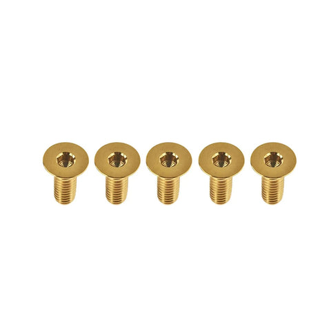 Top Shelf 5 Piece Set Of Grade 5 Titanium M6 Flat Countersunk Hex Socket Cap Bolts In Sleek Gold Finish arranged in a row.
