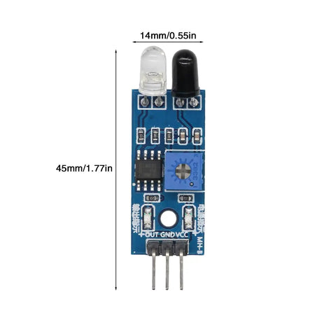 Front view of Infrared Obstacle Avoidance Module With Dual Tube Photoreflective Sensors And Adjustable Detection Range From Two To Thirty Centimeters Arduino Compatible Plug And Play For DIY Robots And Smart Projects showing dimensions.