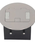 Heavy Duty Stainless Steel Round Recessed Floor Outlet With Dual Three Prong Sockets, top view showing dual sockets.
