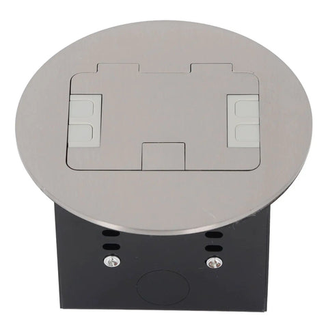 Heavy Duty Recessed Floor Outlet With Dual 3 Prong Sockets Clean Look Stainless Steel Flush Mount Power Box above view.