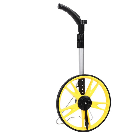 Aramox Digital Measuring Wheel Aluminum Alloy Telescopic Distance Measure with yellow wheel and black handle for distance measuring.