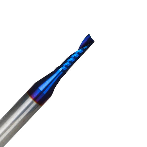 Single Flute Upcut Spiral End Mill For CNC Router Use With NACO Coating For Smooth Plastic Cutting Mirror Finish One Eighth Diameter One Half Inch Cutting Height One Quarter Shank Two Inch Length UT188