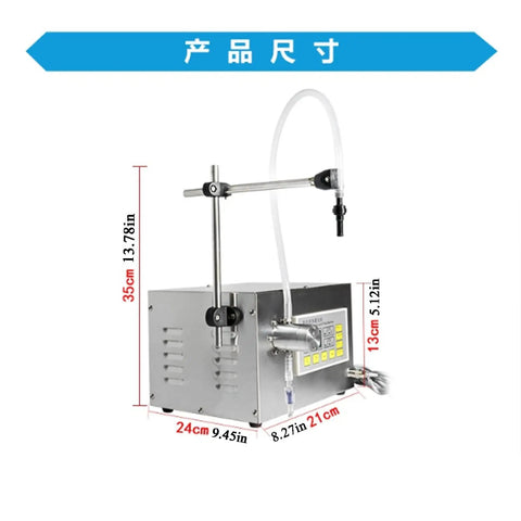 Semi Automatic Liquid Filling Machine With Stainless Steel Peristaltic Pump And Digital LCD Screen For Bottles Beer Wine Vinegar Milk Perfume side view with measurements