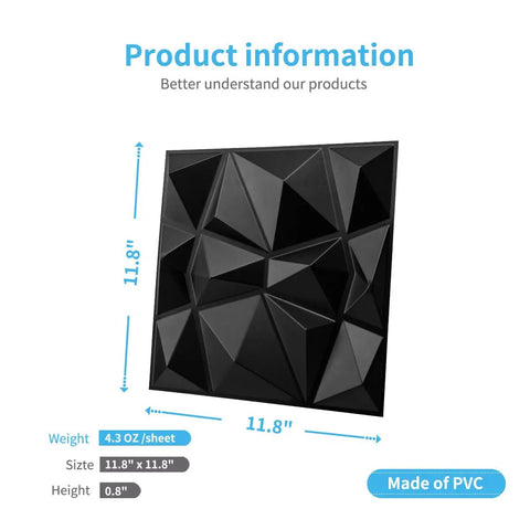 Diamond Pattern 3D Wall Panels Matte Black 12x12 Inch PVC Tiles 33 Pack Easy DIY Install Fire Resistant Covers 32 Sq Ft Slick Modern Accent Wall for Living Room Bedroom Kitchen Home and Office Decor