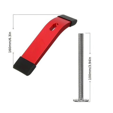 Close-up of red aluminum clamp part of Four Pack T Track Hold Down Clamps Kit For Workbench And CNC Tables, dimensions shown.