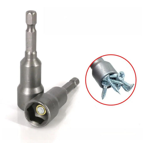 Two Piece Backup RV Jack Socket Drill Adapter With One Quarter Inch Quick Connect Hex Shank next to screws