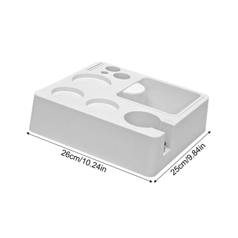 Heavy Duty Coffee Tamper Station With Pop Out Grounds Container, Clean White Espresso Tamping Holder For Home Bars, top view showing dimensions.