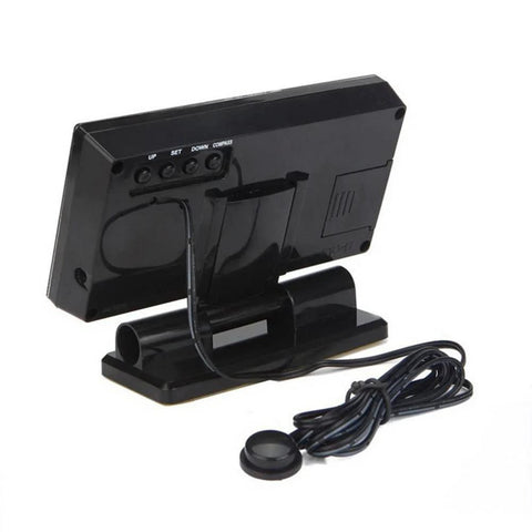 Digital car thermometer with clock, black unit with blue backlight, 3.9-inch LCD and external probe on cord