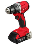 18V Cordless Compact Brushless Drill Driver Kit With Two Batteries Charger And Contractor Bag Heavy Duty Half Inch Chuck Tool For Tight Spaces Job Site Badass Power Control in red color with a compact design.