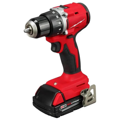 18V Cordless Compact Brushless Drill Driver Kit With Two Batteries Charger And Contractor Bag Heavy Duty Half Inch Chuck Tool For Tight Spaces Job Site Badass Power Control in red color with a compact design.