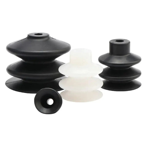 Upgraded PcG90 Pneumatic Robot Gripper With Industrial Rubber Suction Cups Chuck parts showcasing various sizes and colors of rubber suction cups.