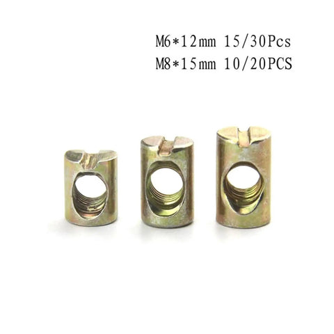 Heavy Duty Barrel Nuts and M6 M8 Cross Dowel Bolts Set for Furniture Assembly, sizes M6x12mm and M8x15mm, zinc plated